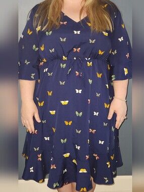 Navy Butterfly Print Tie-Waist Dress 4XL. Fun To Wear.